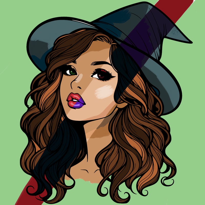 realistic witch girl with wavy hair and lips
