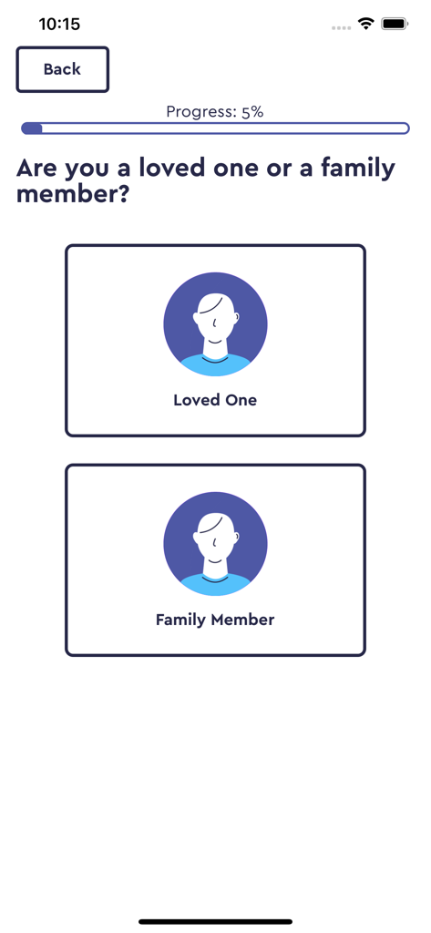 Onboarding-Bildschirm der Intouch-App, der fragt, ob Sie ein geliebter Mensch oder ein Familienmitglied sind.
