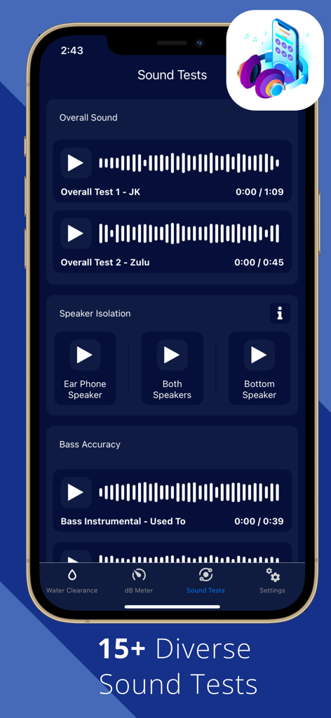 Screenshot of the Water Eject Airpods app showing various sound tests for speaker isolation and bass accuracy.