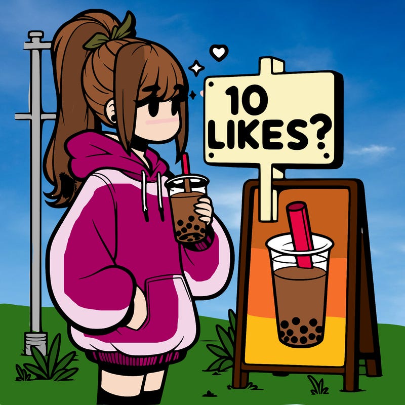 girl with oversized hoodie drinking boba and she has a high ponytail with a sign that says 10likes?