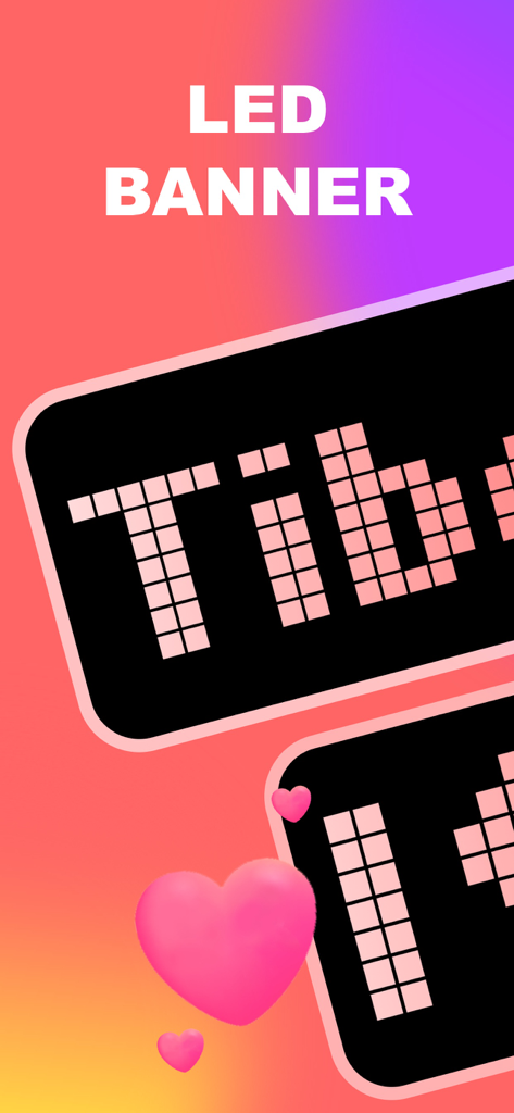 Gráfico promocional para LED Banner Marquee Maker que muestra texto de píxeles desplazables digitales y corazones decorativos rosas sobre un vibrante fondo degradado