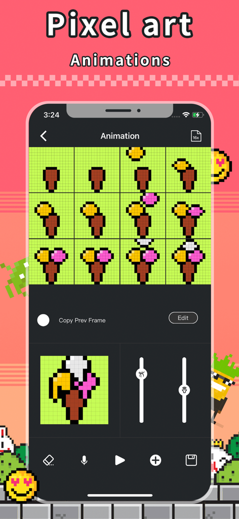 Creating a pixel art animation of an ice cream cone using the Divoom app editor interface.
