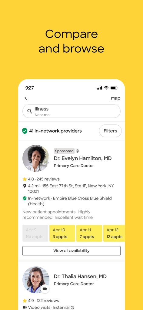 Screenshot of Zocdoc app showing search results for in-network primary care doctors with ratings and real-time appointment availability