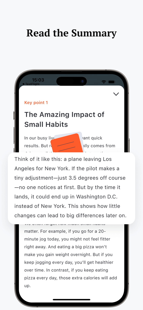Interfaccia dell'app mobile BookCast che mostra un riassunto scritto degli spunti chiave di un libro sulle piccole abitudini