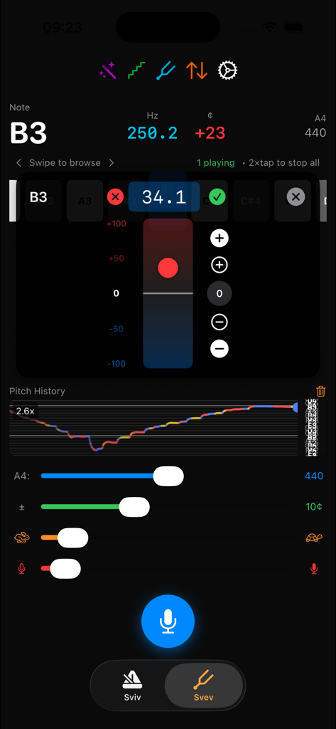 Svev & Sviv Lite - Svev & Sviv Lite mobile app interface displaying real-time musical pitch frequency and historical intonation drift graph