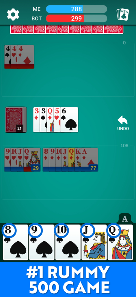 Gameplay do jogo de cartas Rummy 500 apresentando cartas grandes fáceis de ler e uma interface de pontuação clara
