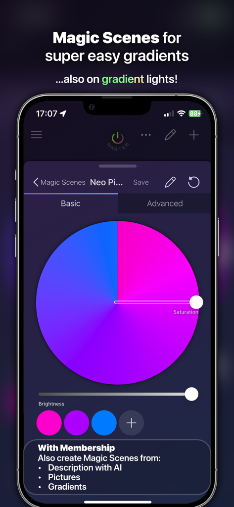 iConnectHue app color wheel interface for creating custom Magic Scenes and light gradients