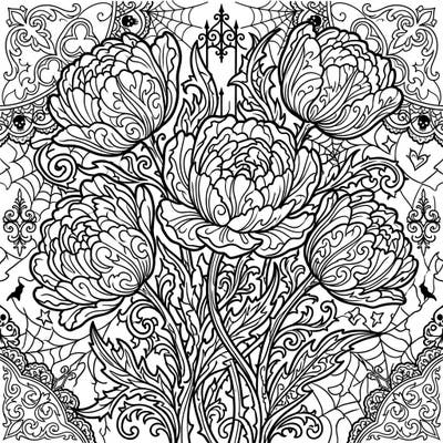 Dive into the dramatic beauty of this Gothic Double Tulips coloring page, where lush, multi-layered blooms intertwine with dark, ornate Victorian details. This intricate design offers a captivating artistic challenge for colorists seeking a touch of melancholic elegance.