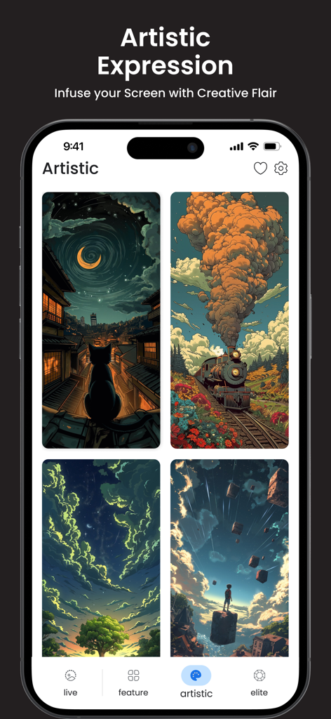 Artistic wallpaper category in the OMW app featuring creative AI-generated designs for iPhone.