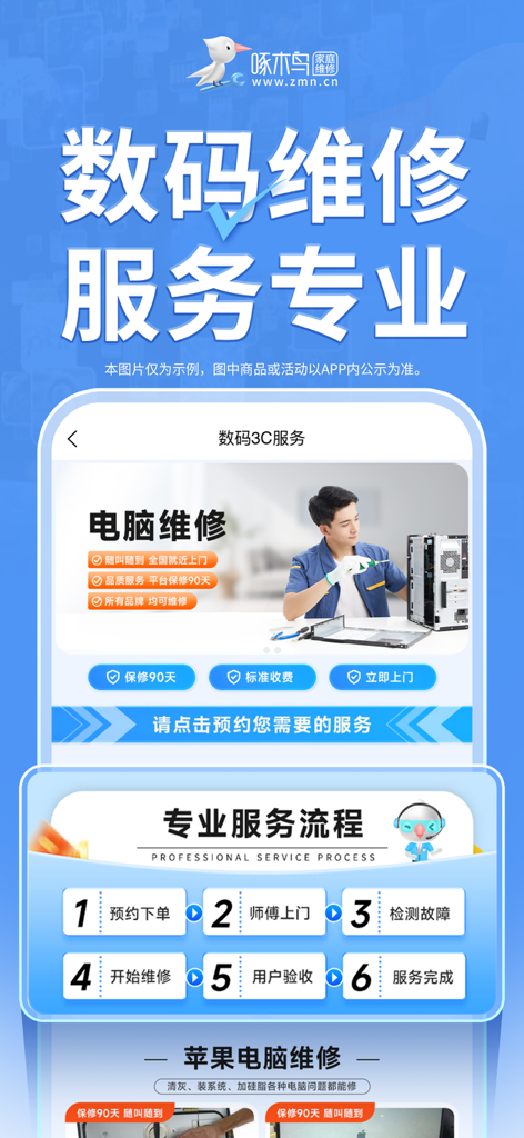 啄木鸟家庭维修-上门家电维修清洗疏通安装到家服务 - Pantalla de la aplicación móvil Reparaciones del Hogar Carpintero mostrando servicios profesionales de reparación de computadoras con un proceso de servicio detallado de seis pasos