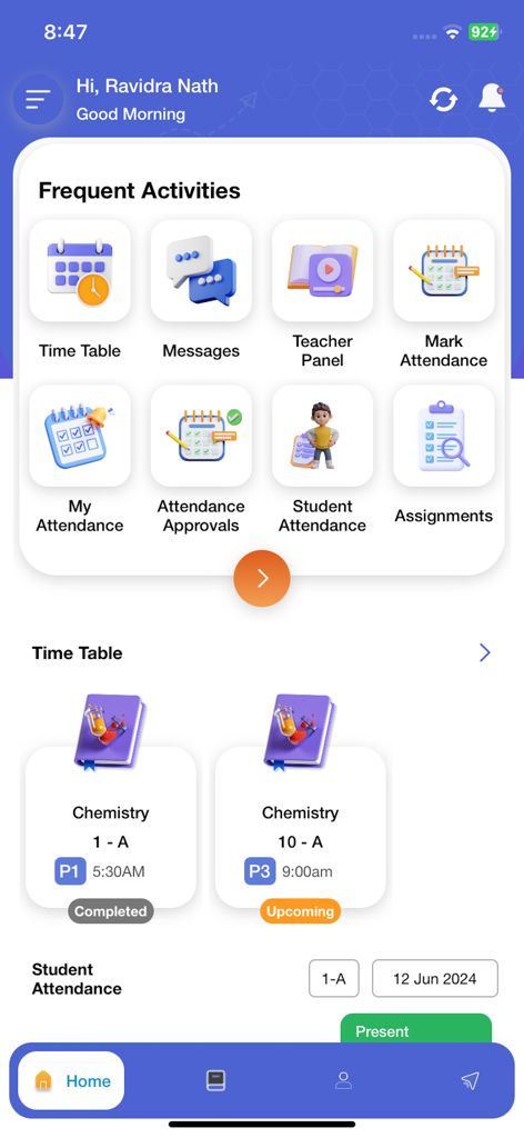 Interfaz del ERP escolar CampusCare 10x que muestra el horario y las actividades de asistencia