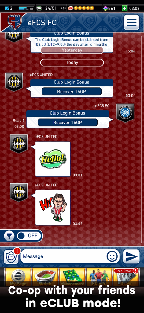 Interfaz de chat dentro del juego del modo eClub en eFootball CHAMPION SQUADS mostrando funciones sociales cooperativas y stickers
