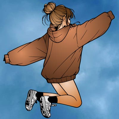 realistic girl jumping with a bun and oversized sweatshirt