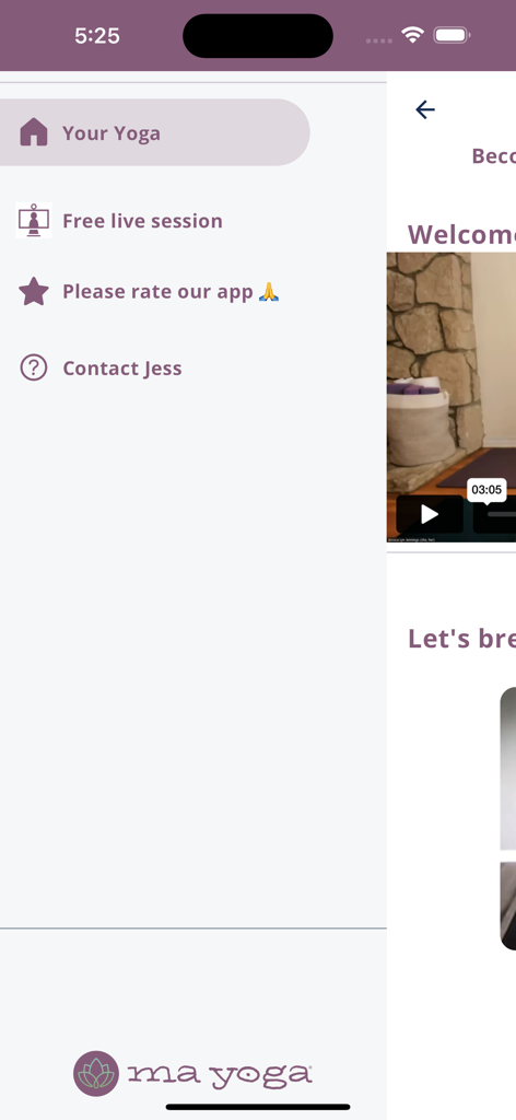 Ma Yoga Anytime Prenatal Yoga - Menu de navegação lateral do aplicativo Ma Yoga Anytime Prenatal Yoga mostrando opções para aulas de yoga e suporte