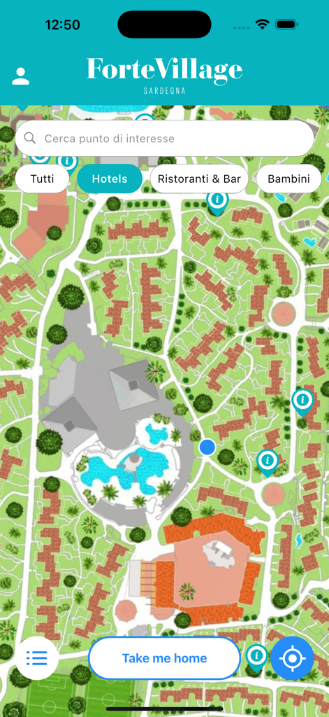 Forte Village Resort - Interactive resort map on the Forte Village Resort app showing facilities and navigation options