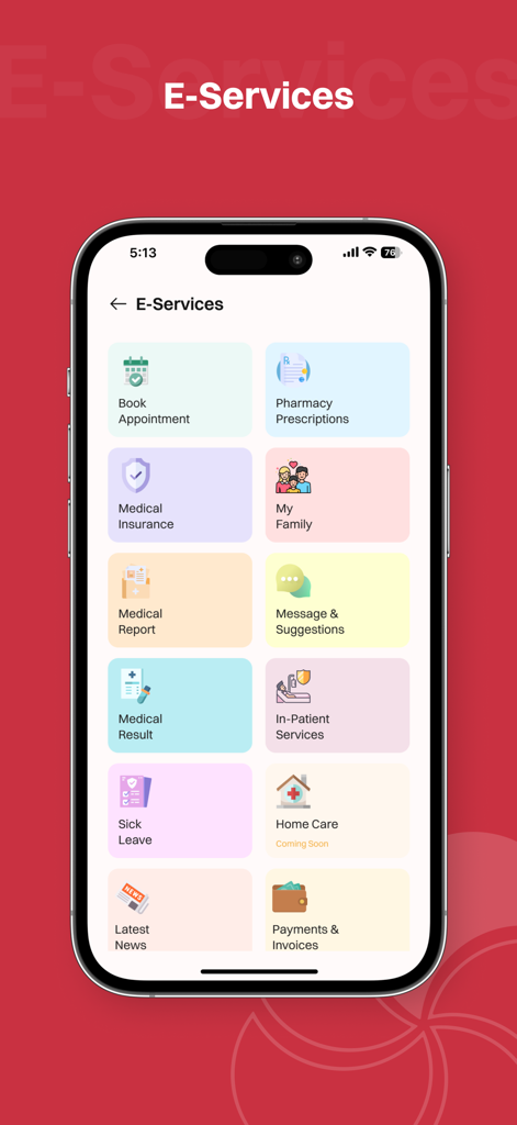 Abdul Latif Jameel Hospital - El panel de Servicios Electrónicos de la aplicación del Hospital ALJ que presenta informes médicos y reserva de citas.