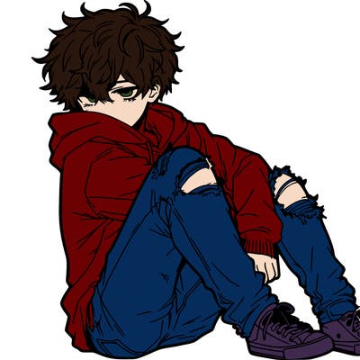 a male hoddie ripped jeans messy hair anime