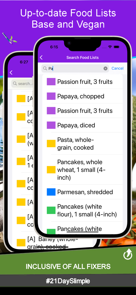 Una interfaz móvil para la aplicación 21 Day Slimple que muestra una lista de alimentos con búsqueda y recipientes de porciones codificados por colores para una alimentación saludable.