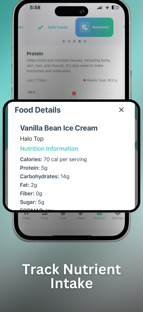 Poop Tracker - FlareCare AI - Detalles de nutrición de alimentos y seguimiento de la ingesta de nutrientes dentro de la aplicación FlareCare AI