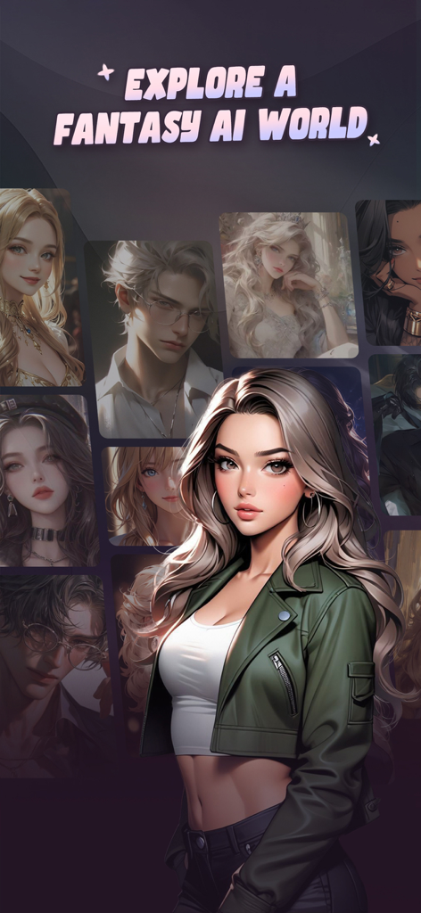 Honey.AI - Collage of diverse AI-generated characters in the Honey.AI app under the title Explore a Fantasy AI World.