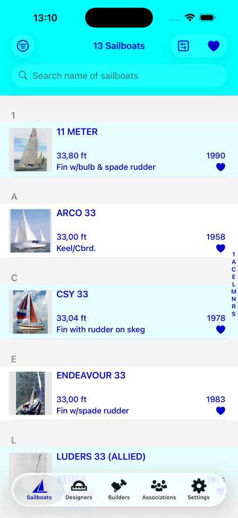 SailboatData - A list of sailboats with technical specifications and search bar in the SailboatData app.