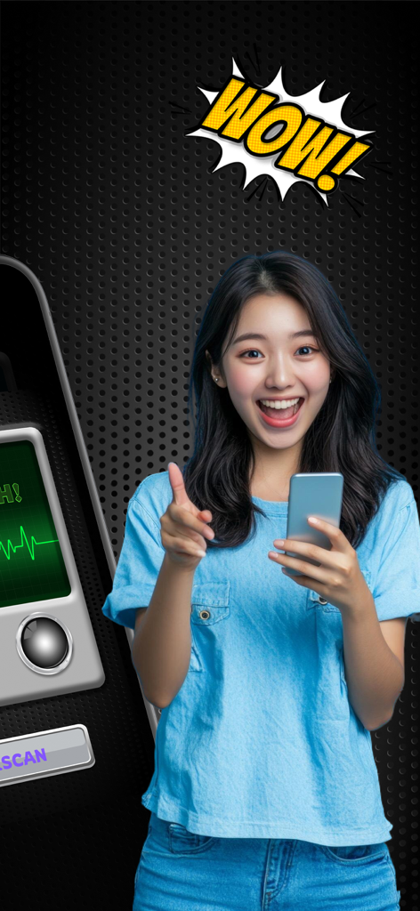 A happy young woman pointing and holding a phone with a WOW graphic representing a lie detector prank