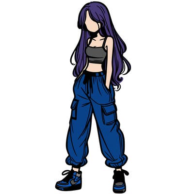 girl in baggy pants crop top and long hair