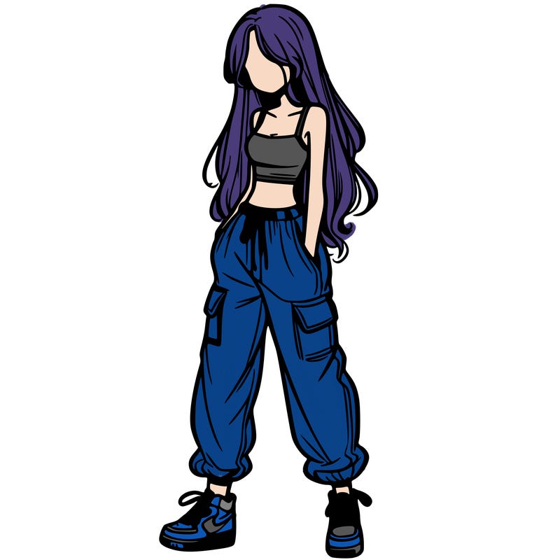 girl in baggy pants crop top and long hair