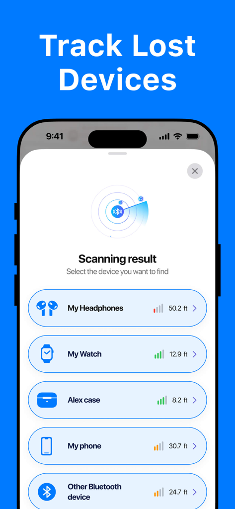 Find my Pods and Device - App interface showing a list of detected Bluetooth devices with their distance and signal strength