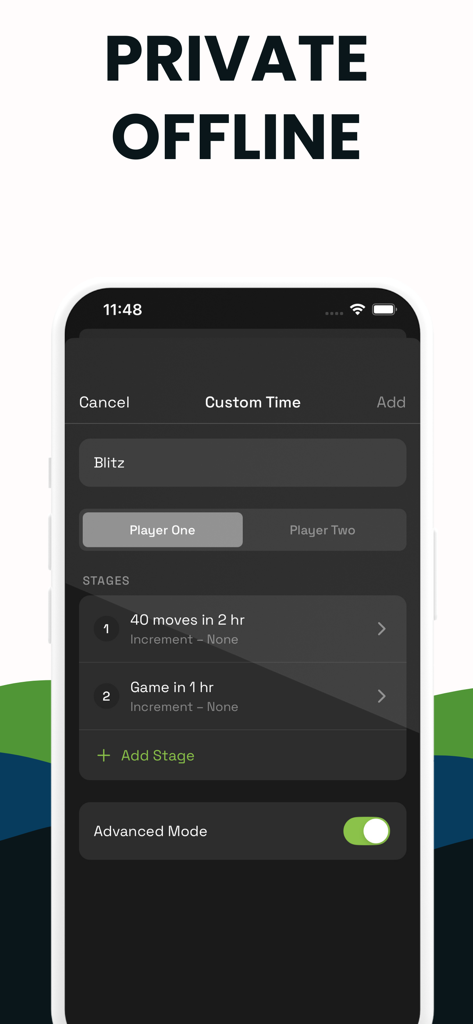 Chess Timer - Chess Clock - Custom time settings screen in the Chess Timer app showing blitz and multi stage options