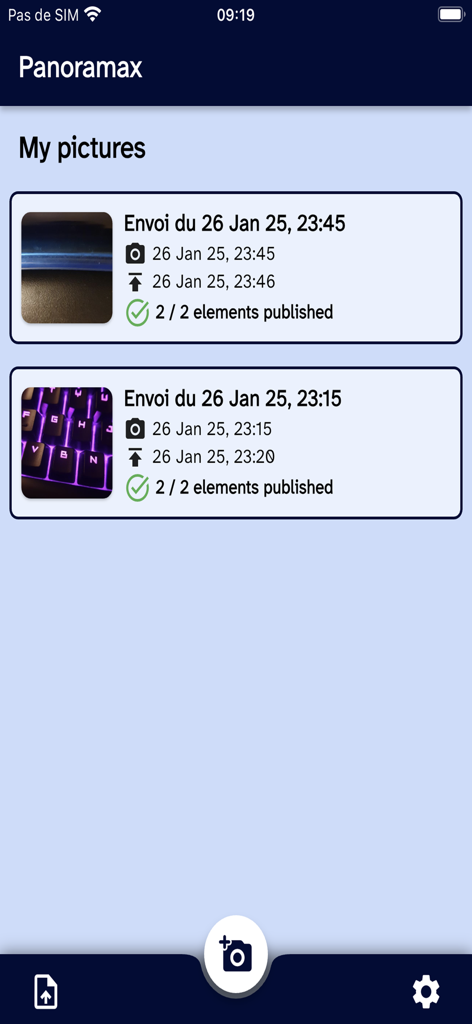 Panoramax photo - Pantalla de la aplicación Panoramax que muestra una lista de secuencias de fotos subidas y publicadas.