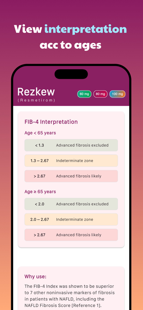 Clinical screen showing FIB-4 score interpretation categories for patients under and over 65 years old.