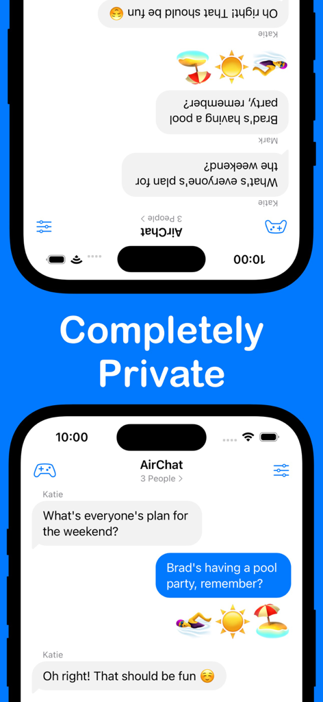「完全にプライベート」というテキストが表示されたプライベートグループ会話を表示するAirChatアプリのインターフェイス