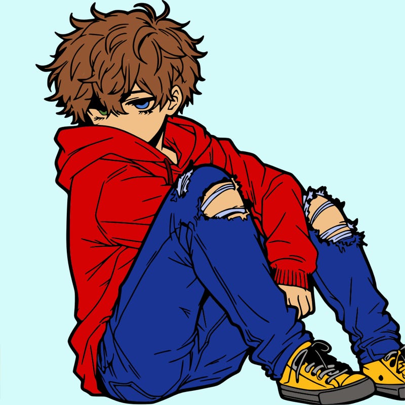 a male hoddie ripped jeans messy hair anime