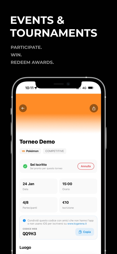 TCG Arena app screenshot showing details for a competitive Pokemon tournament registration