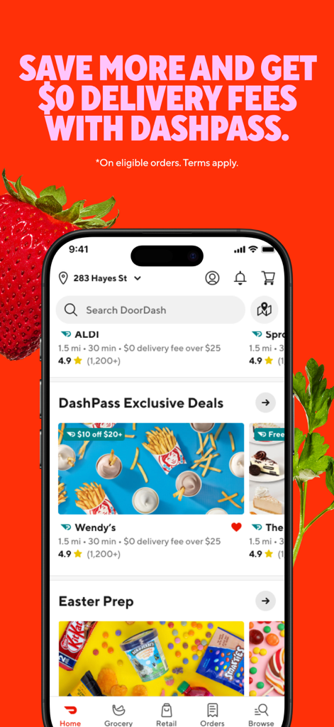 DoorDash: Food, Grocery, More - Startbildschirm der DoorDash-App, der exklusive DashPass-Angebote und kostenlose Liefergebühren zeigt.