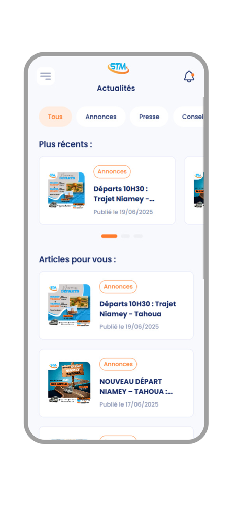 STM Connect - Le fil d'actualités et d'annonces de l'application STM Connect affichant les horaires de départ des bus et les mises à jour de voyage.