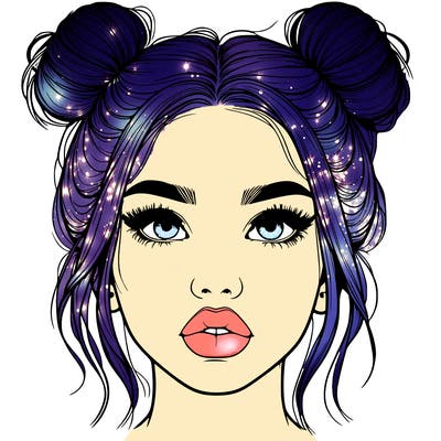 realistic girl with two buns on her hair and lips