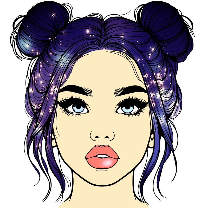 realistic girl with two buns on her hair and lips