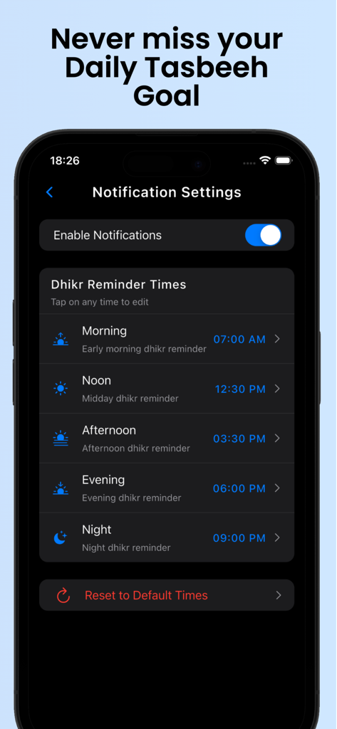 Digital Tasbeeh app notification settings screen for scheduling dhikr reminders throughout the day.