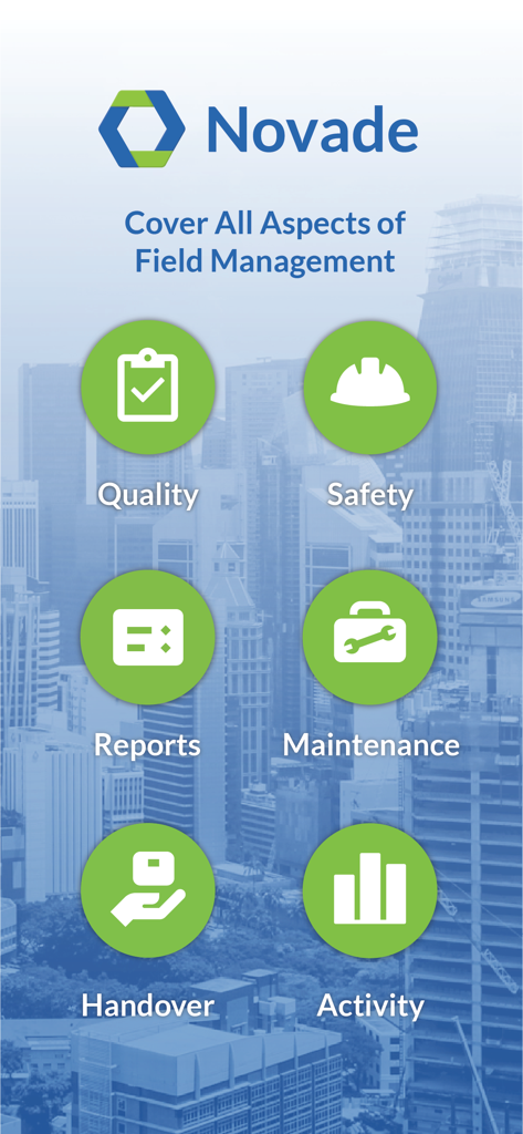 Novade Enterprise - Novade Enterprise dashboard showing field management modules for quality safety reports maintenance handover and activity