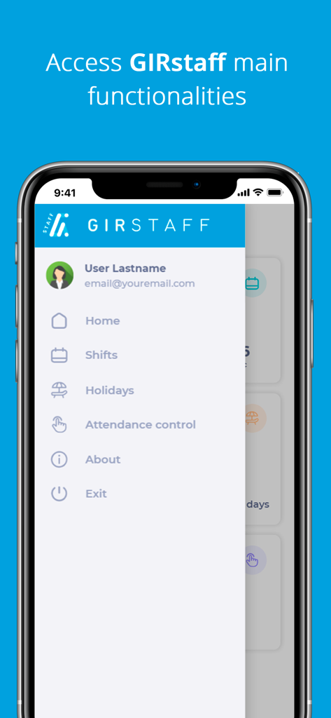 Tela de smartphone mostrando o menu de navegação principal do aplicativo GIR Staff com opções para turnos e férias