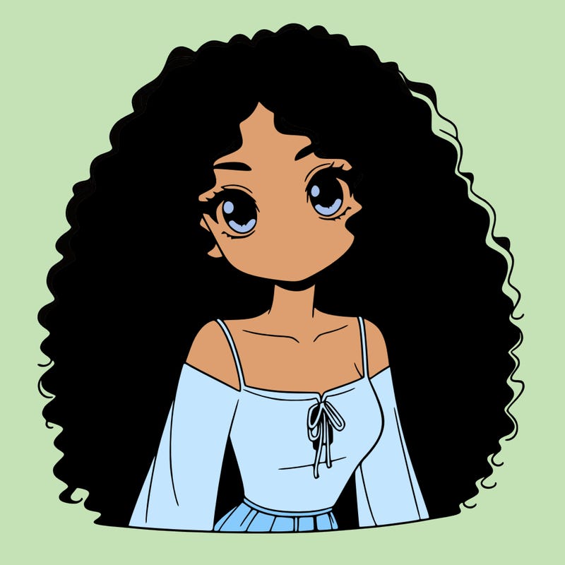 a black anime girl with long afro hair