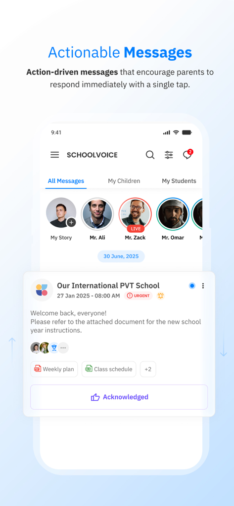 Schoolvoice - Your School App - Schoolvoice app screen showing actionable messages with quick response buttons for parents
