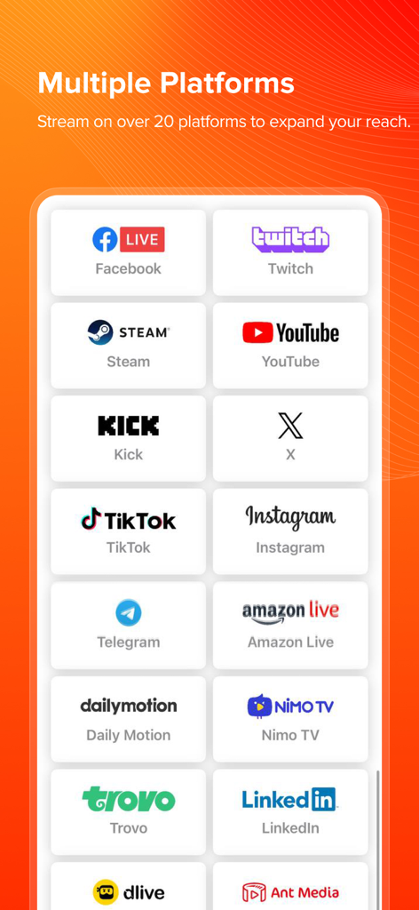 Eine Liste der unterstützten Streaming-Plattformen einschließlich YouTube, Twitch und TikTok für Multistreaming