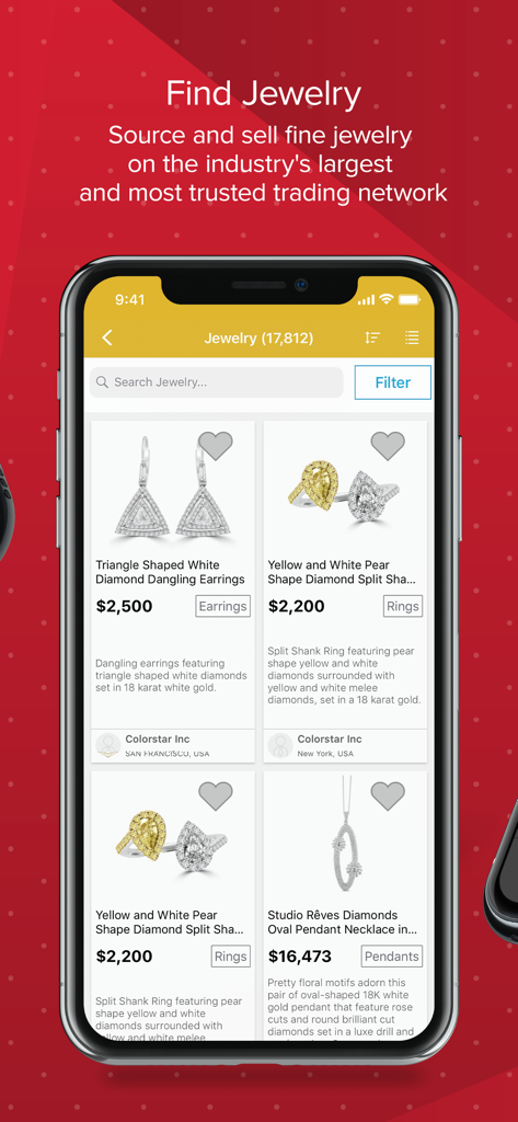 RapNetアプリから、ダイヤモンドのイヤリングやリングを含む、取引用のプロフェッショナルなジュエリーリスティングが厳選されたモバイル画面。