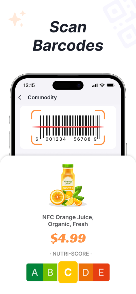 오렌지 주스의 가격 및 영양 점수를 포함한 제품 정보를 표시하기 위해 바코드를 스캔하는 휴대폰