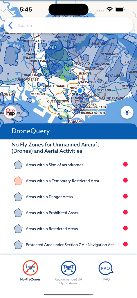 OneMap SG - OneMap SG app screen showing drone flight restrictions and no fly zones in Singapore