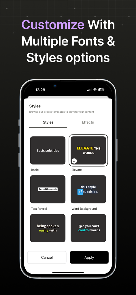 Una pantalla de teléfono móvil que muestra varias plantillas de estilo de subtítulos de moda y opciones de personalización de fuentes para captions de vídeo