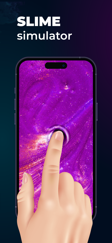 A finger interacting with a purple glittery slime simulator on a smartphone screen